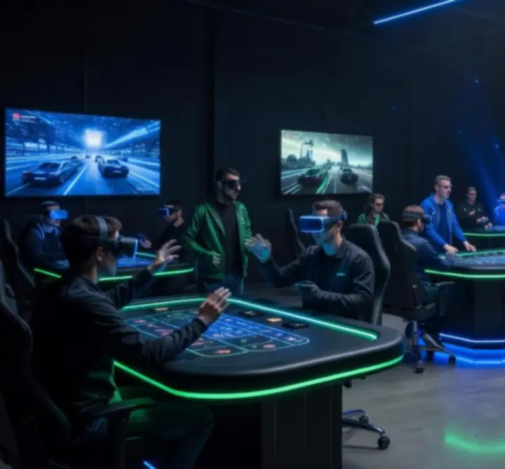 Nowoczesna scena gamingowa z oświetleniem LED i stanowiskami do gier