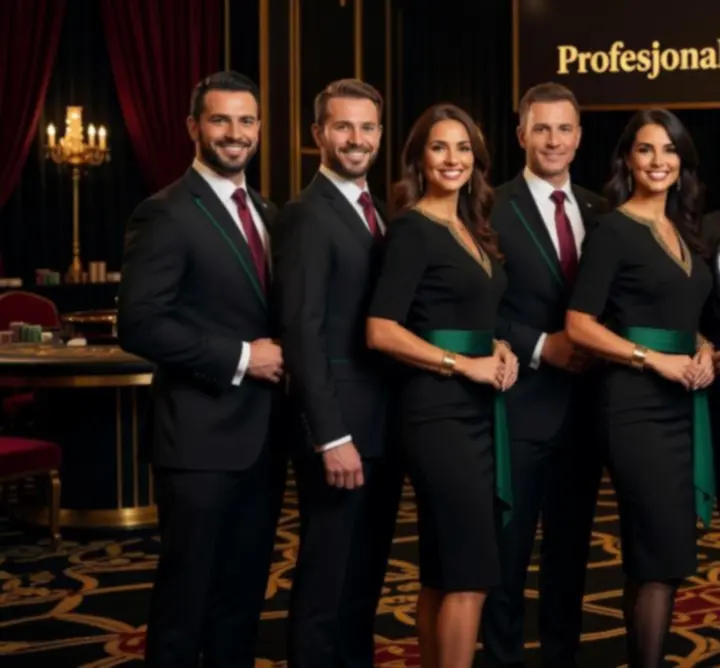 Zespół elegancko ubranych prowadzących i krupierów 'RED DOG' SALON PIELĘGNACJI DLA PSÓW I KOTÓW Beata Simońska przygotowuje się do wydarzenia.
