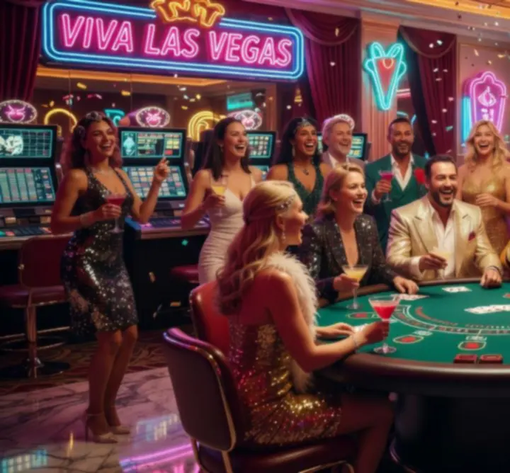 Retro Vegas Night z neonami i sceną w stylu Las Vegas